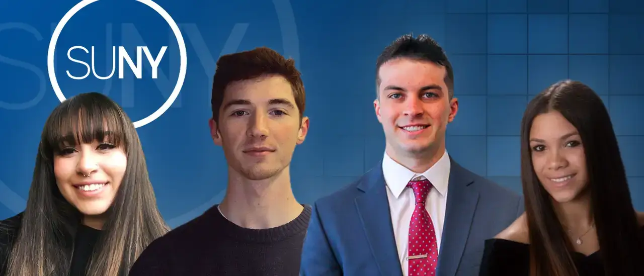 four students with SUNY logo