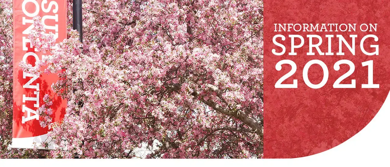 pink flowers and SUNY Oneonta sign