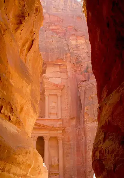 Photo by Brandon Ellis of the stone entrance to the Lost City of Petra in Jordan.