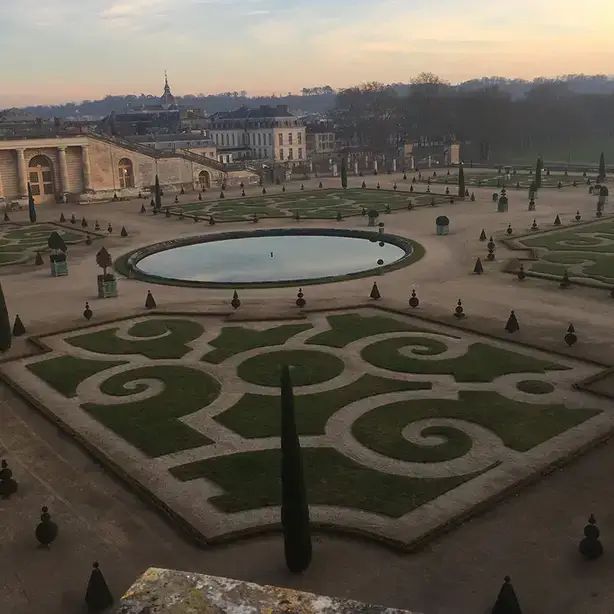 Aerial view of the gardens at the Palace of Versailles in France.