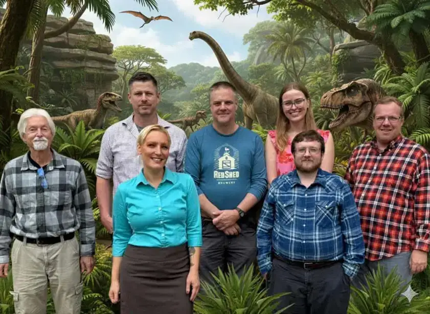 EAS faculty posing together in front of a dinosaur exhibit.