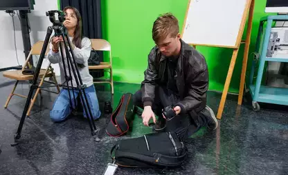 Students prepping for a video production