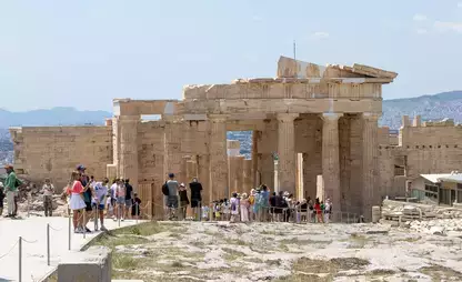 Tourists in front of the Acropolis in Athens, Greece taken during a faculty-led trip