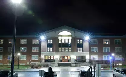Tobey Hall illuminated at night time