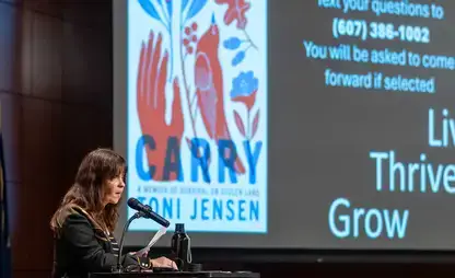 Toni Jensen speaks to audience in the Hunt Union at the 2025 Common Read.