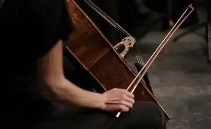 A cellist holds their bow next to the instrument.