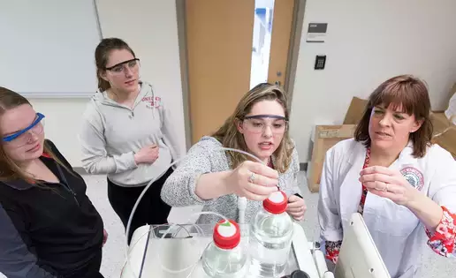 Students perform an experiment during chemistry lab