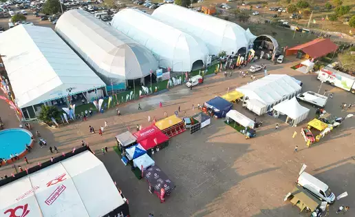 An overhead view of an outdoor event being set up