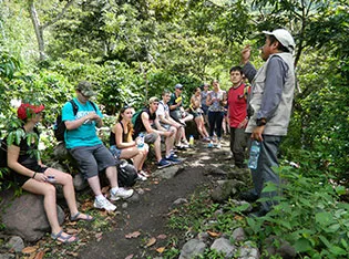 Students and faculty on a bench in a Guatemalan forest.