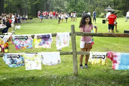 Fence with a bunc of tye-dye shirts hanging on it.