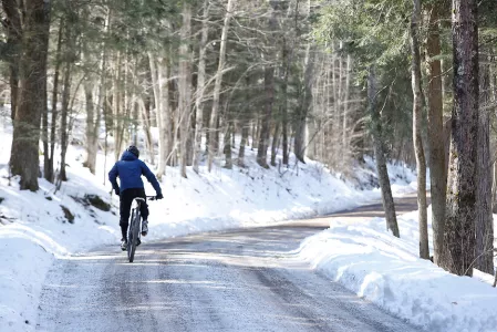 Person riding a bike on a snowy road.