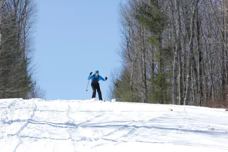 Person skiing on a snowy hill.