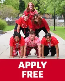 6 students wearing red shirts in a pyramid with a text below stating "APPLY FREE"