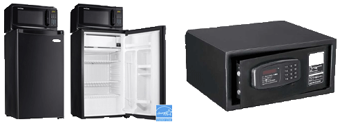 A mini fridge and a safe