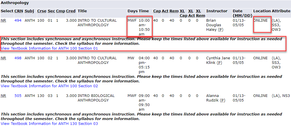 Example schedule with Days, Time and Location columns highlighted to assist in identifying combined online courses (synchronous and asynchronous)