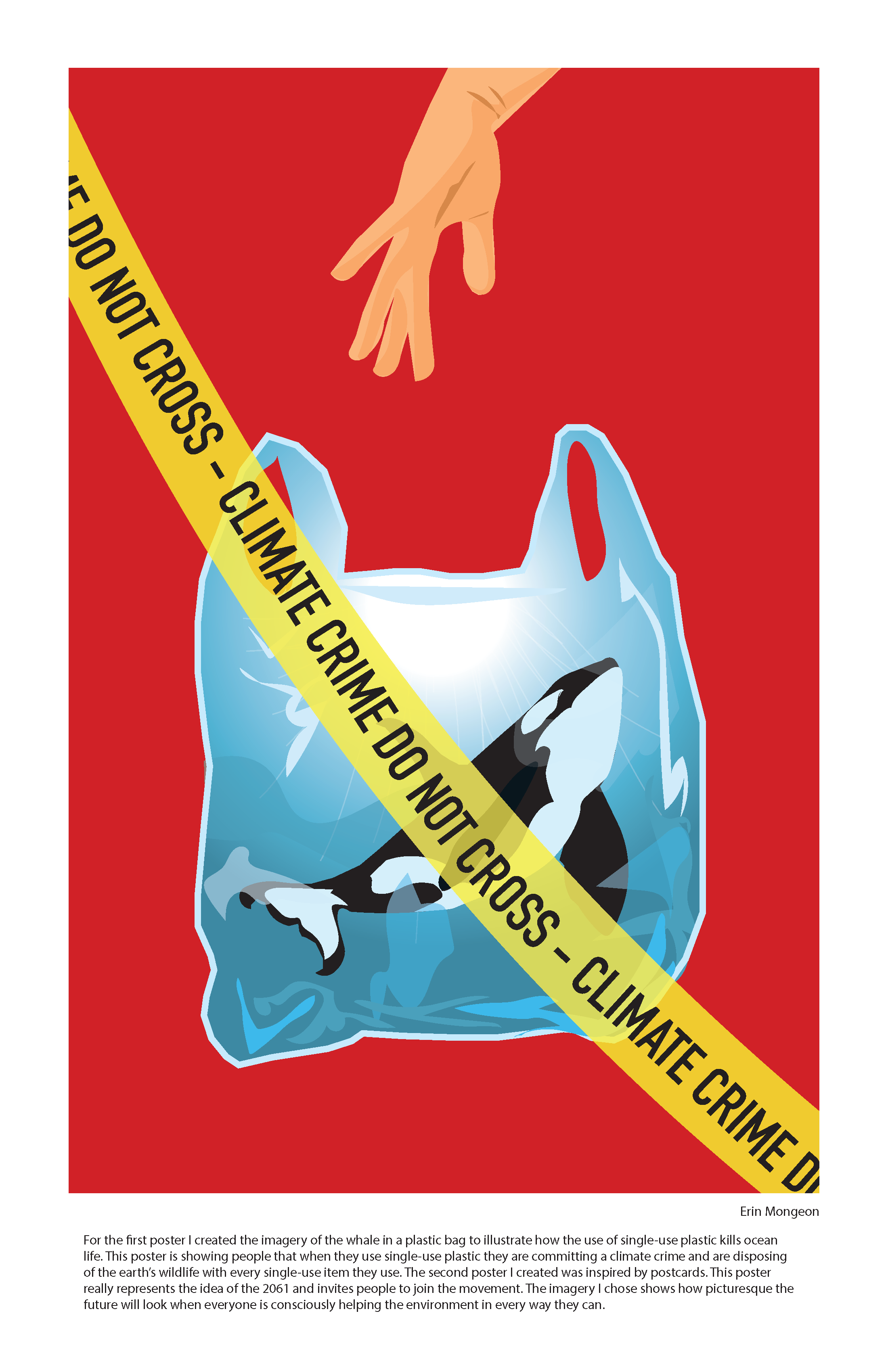 Graphic of a hand throwing away a paper bag with a killer whale in it, while a police tape goes across that says Climate Crime Do Not Cross