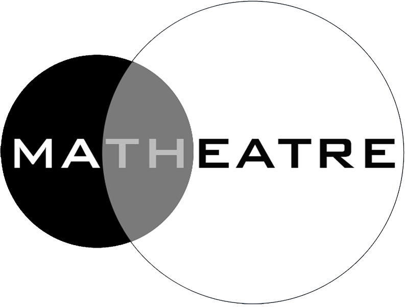 Logo for Matheatre, venn diagram with the word math and theatre overlapping and superimposed. 