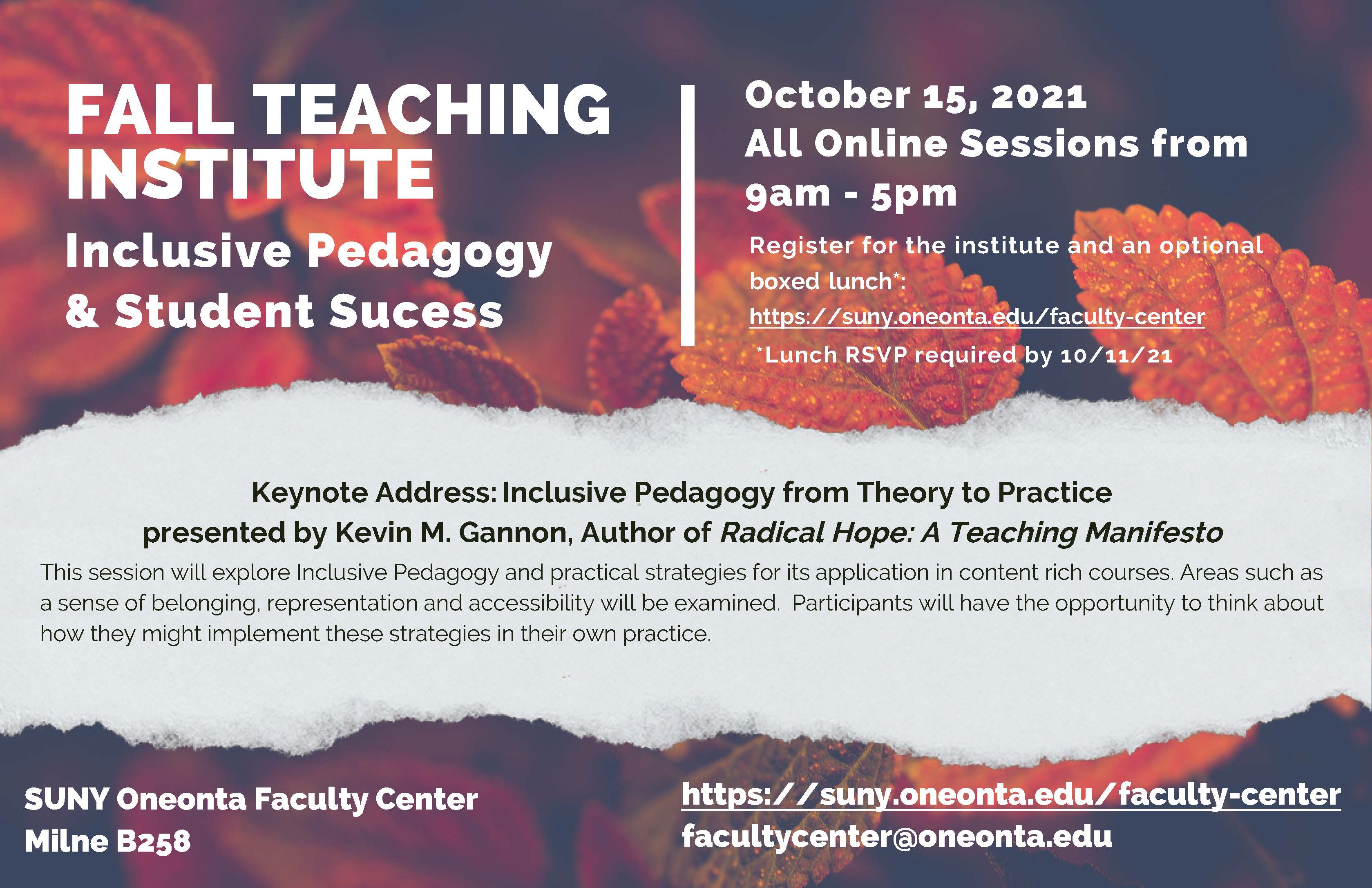 Fall Teaching Institute Blurred leaf background with white text describing details of Fall Teaching Institute