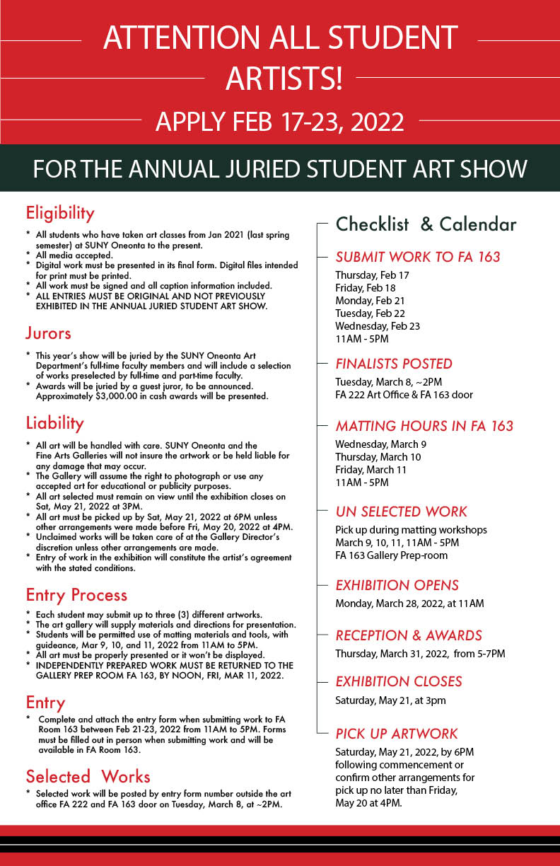 Oneonta Final Exam Schedule Fall 2022 Annual Juried Student Art Show/Project Space Gallery/M&M Annex & Other  Exhibition Opportunities | Suny Oneonta