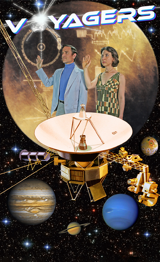 Image of voyager space probe with scientists in 1970s attire.