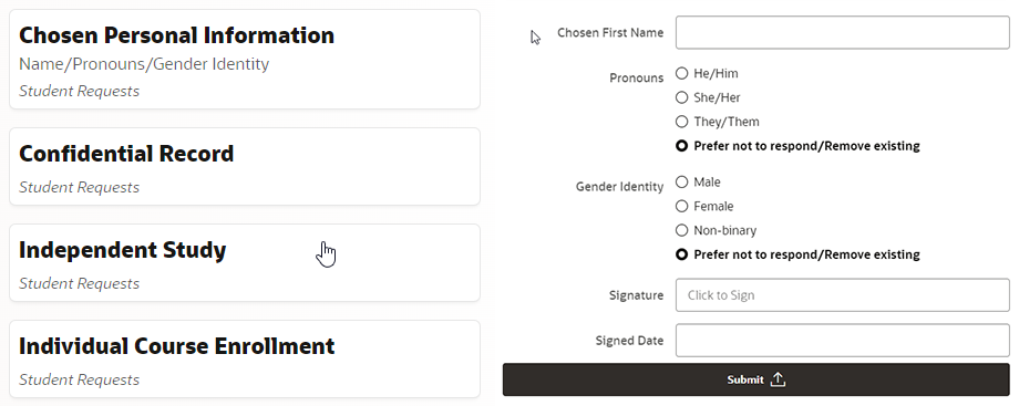 Chosen personal information form screenshot